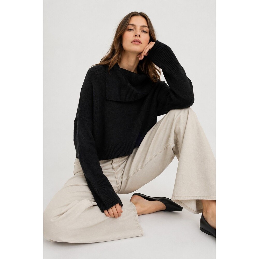 Minimalist 100% Cotton Split Turtleneck Black Knit Sweater 525 Women’s Size L